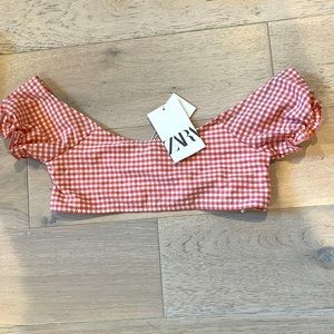 Pink checkered puffy sleeve swim top